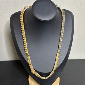La Hola Leather Rhinestone Crystal Chain Gold Tone Necklace